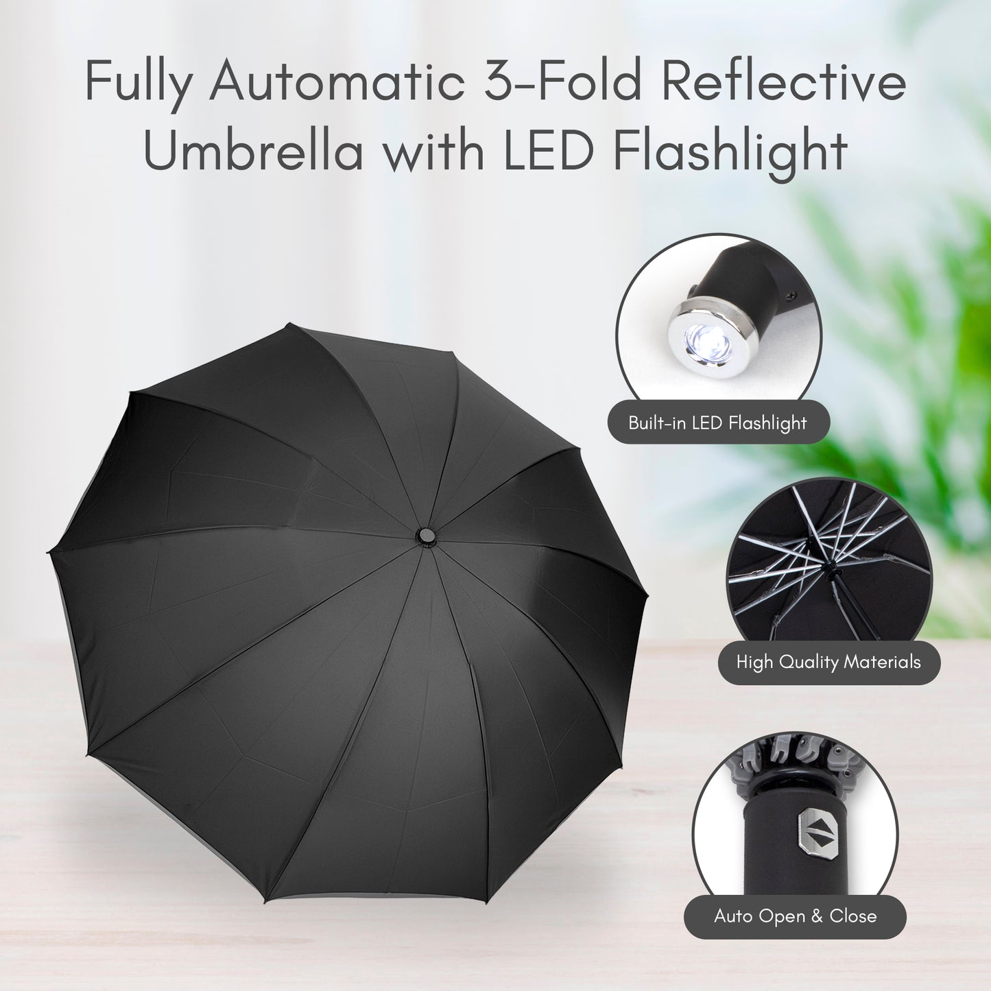 Reflective Umbrella, Automatic Open/Close, Reverse Mechanism, Flashlight Handle, 46-Inch Wide
