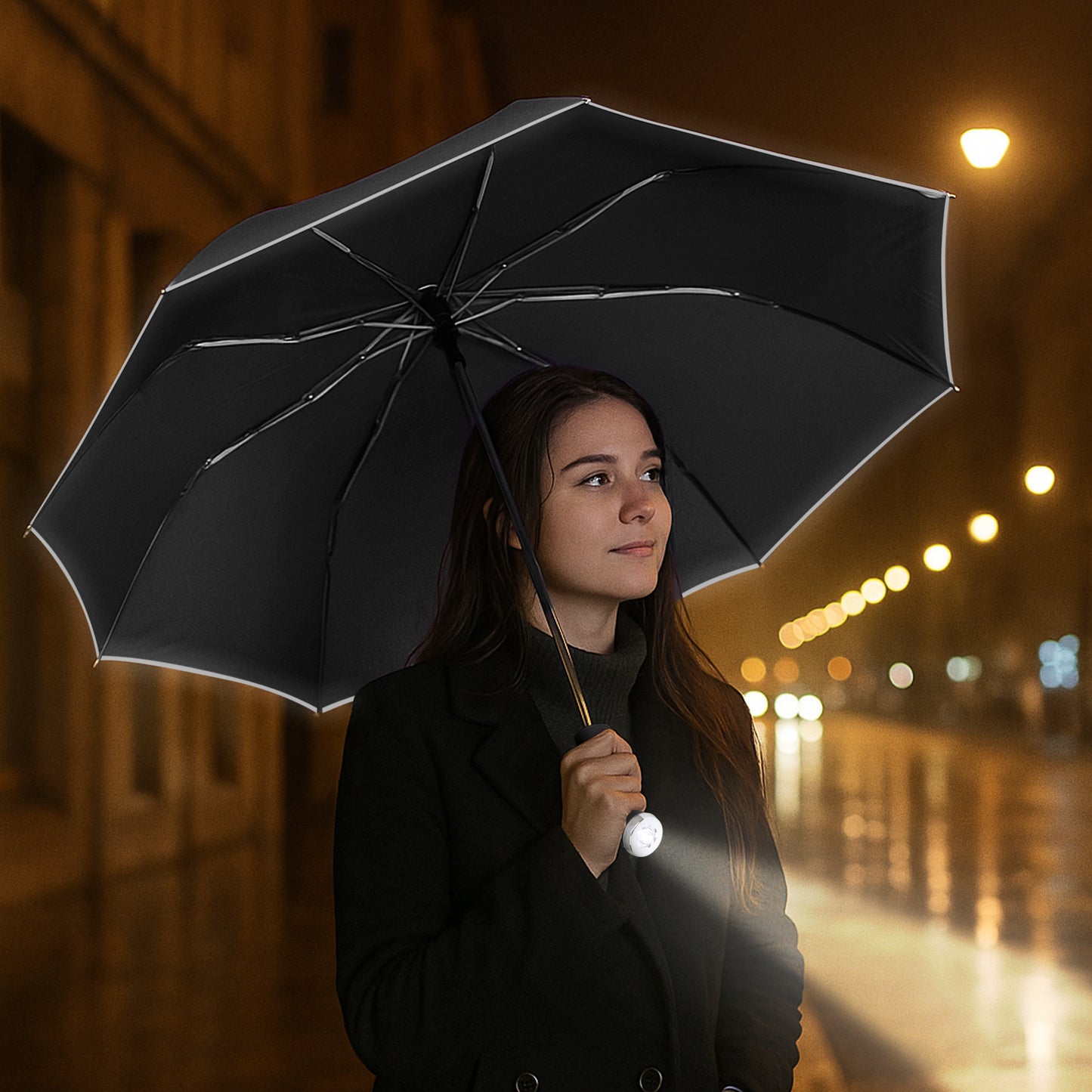 Reflective Umbrella, Automatic Open/Close, Reverse Mechanism, Flashlight Handle, 46-Inch Wide
